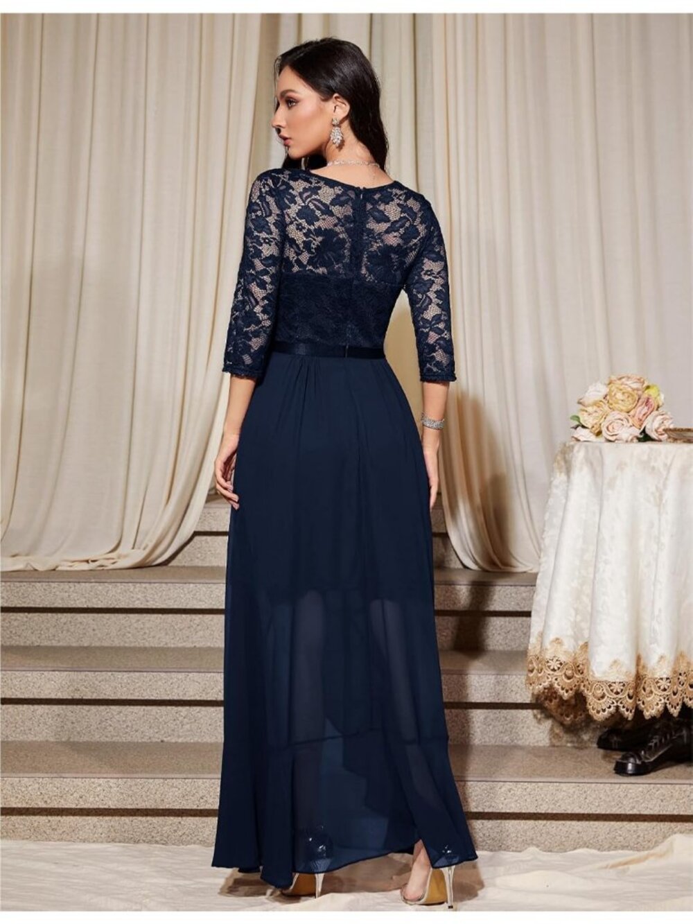 Women's Navy V-Neck Stylish Wedding Floral Lace Cocktail Party Bridesmaid Dress - Picture 3 of 6